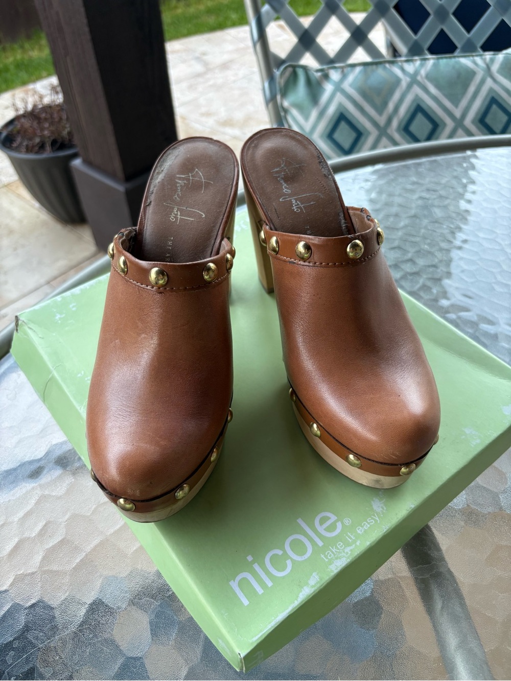Franco Sarto Brown Leather Studded Clog Mules